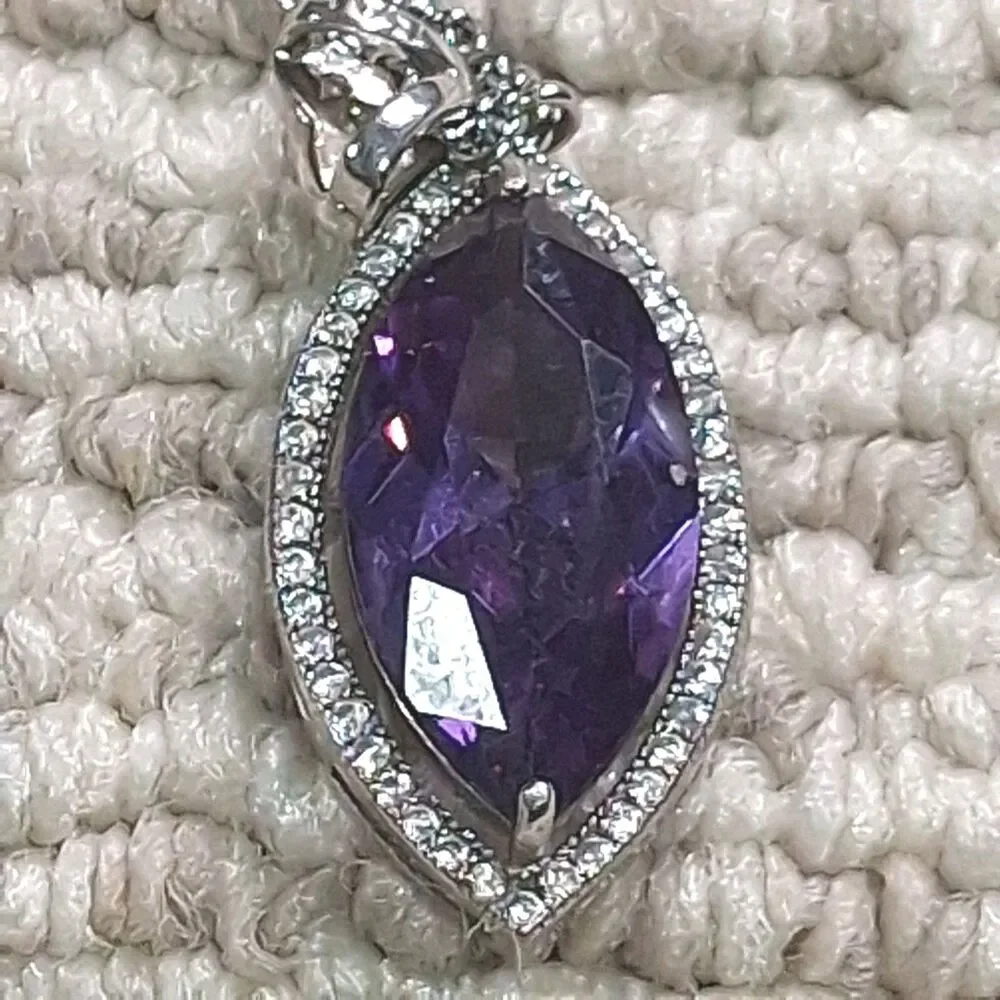 Purple Marquise Cut Crystal Rhinestone Silver Tone Pendant Chain Necklace Women
